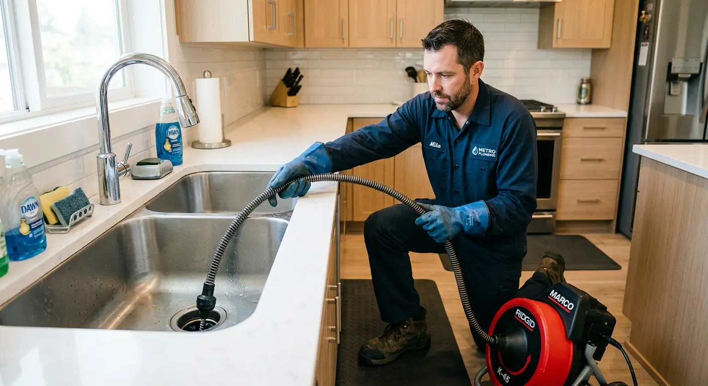 Drain cleaning technician using a motorized snake on a kitchen sink in Plano