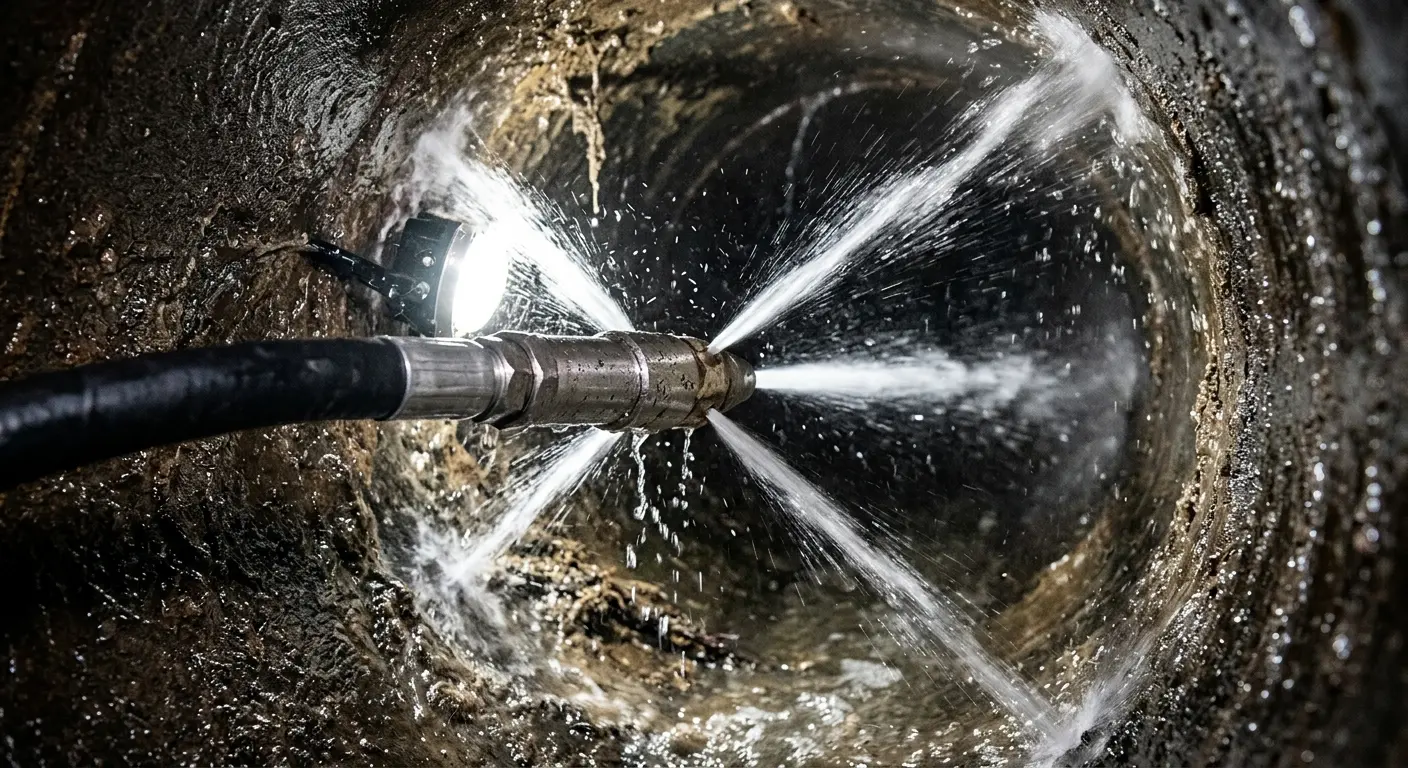 High-pressure hydro jetting nozzle cleaning sewer pipe for Trenchless Sewer Repair in Plano