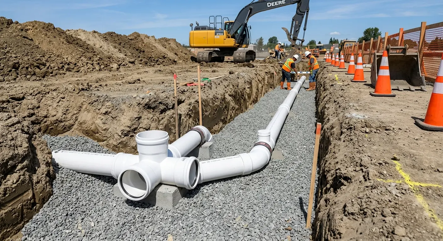 New PVC sewer pipe installation in open trench for Sewer Backup in Plano