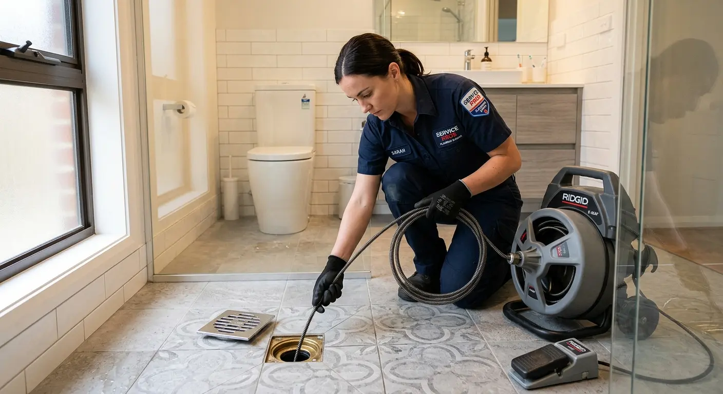 Technician clearing a bathroom floor drain for Drain Cleaning in Plano
